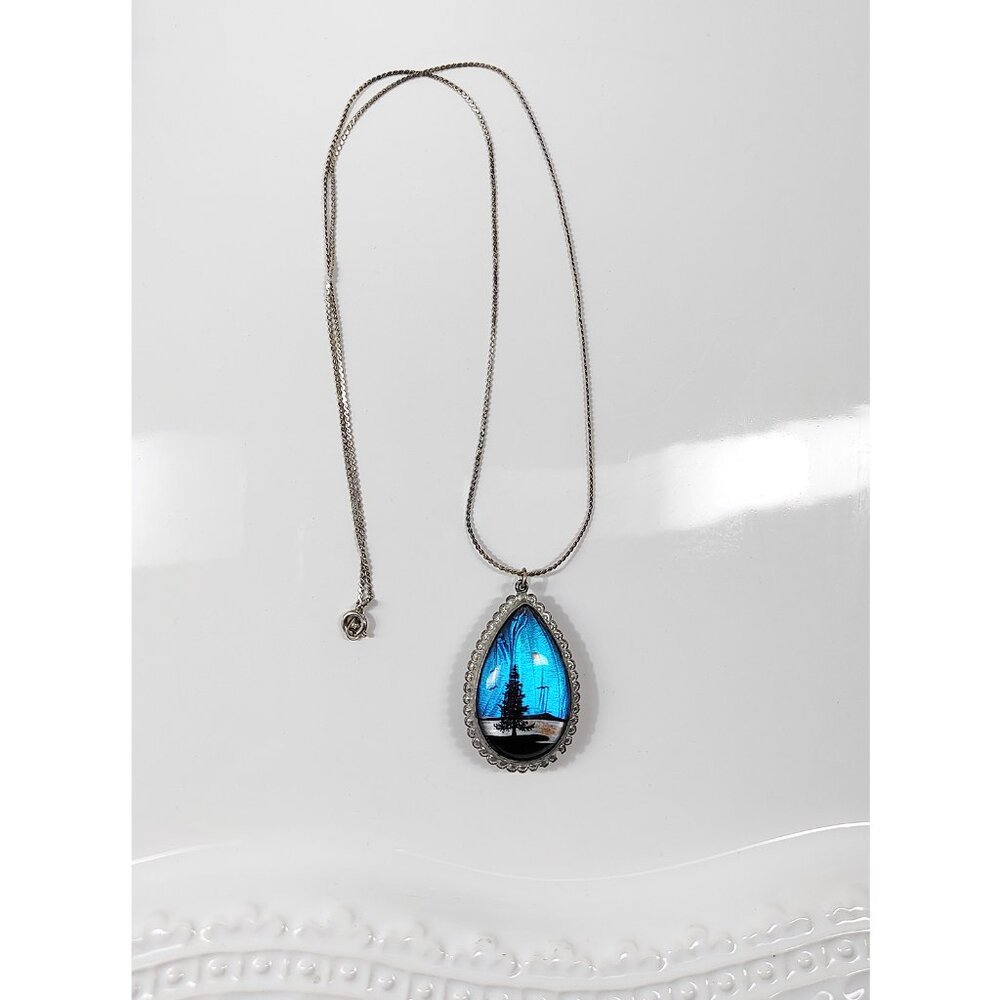 Vintage Morpho Butterfly Wing Pendant Necklace Painted Forest Palm Tree Blue - Picture 8 of 11